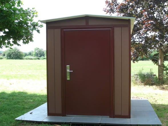 The Modena Shed front of shed with a FortKnox Personal access door on top of the LeoBase